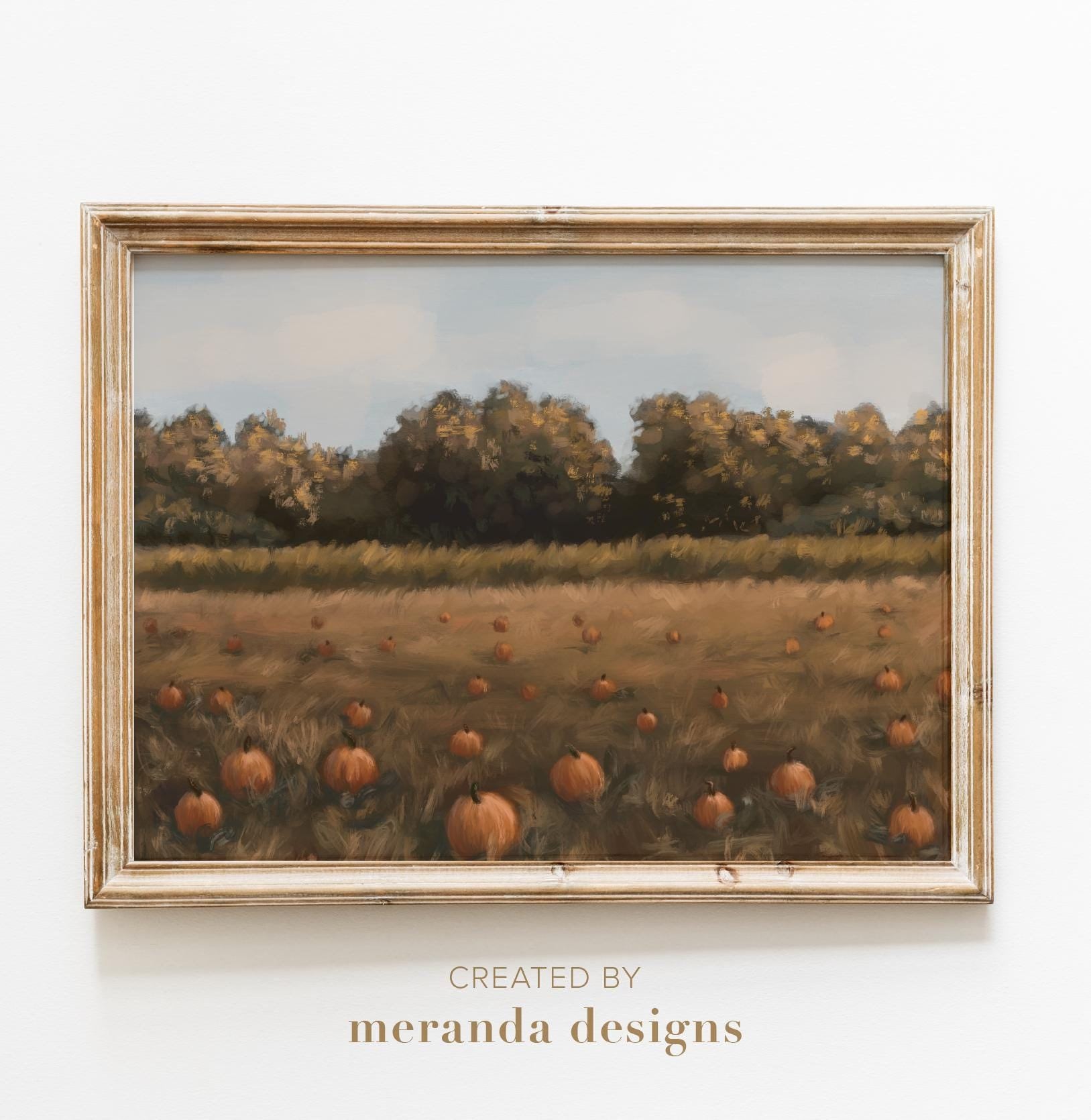 Vintage Pumpkin Field Painting: Moody Fall Landscape Art (Digital Download)