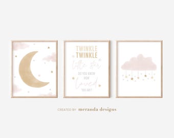 Baby Girl Nursery Decor | Neutral Cloud Moon and Star Set of 3 Prints | PRINTABLE Wall Art | DIGITAL DOWNLOAD | Pink & Gold