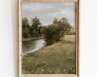 September Landscape Painting: Neutral Vintage Wall Art (Digital Download)