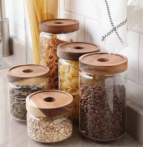 Mason & Fable 12oz, 350ml Glass Food Storage Jars with Wood Lids (6pcs) -  Stylish Ribbed Pattern for Kitchen Organization and Storage Containers for