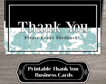 Printable Thank You Business Card, INSTANT DOWNLOAD, Watercolor Floral Design, B&W, Teal 2x3.5