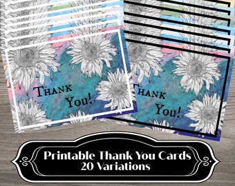 Printable Foldable Thank You Card Color Variety Set/Pack, INSTANT DOWNLOAD, Sunflower Floral, Multicolor Watercolor, 5x7in, JPG