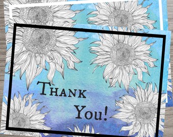 Printable Foldable Thank You Card, INSTANT DOWNLOAD, Sunflower Floral Design, Multicolor Purple/Blue Watercolor, 5x7in