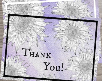Printable Foldable Thank You Card, INSTANT DOWNLOAD, Sunflower Floral Design, Purple Watercolor, 5x7in