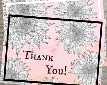 Printable Foldable Thank You Card, INSTANT DOWNLOAD, Sunflower Floral Design, Pink/Coral Watercolor, 5x7in