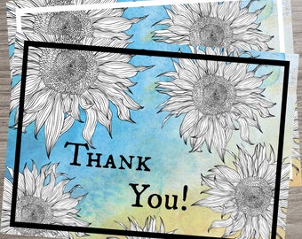 Printable Foldable Thank You Card, INSTANT DOWNLOAD, Sunflower Floral Design, Multicolor Yellow/Blue Watercolor, 5x7in