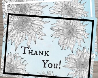 Printable Foldable Thank You Card, INSTANT DOWNLOAD, Sunflower Floral Design, Blue Watercolor, 5x7in