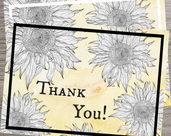 Printable Foldable Thank You Card, INSTANT DOWNLOAD, Sunflower Floral Design, Yellow Watercolor, 5x7in