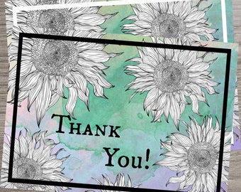 Printable Foldable Thank You Card, INSTANT DOWNLOAD, Sunflower Floral Design, Multicolor Purple/Green Watercolor, 5x7in