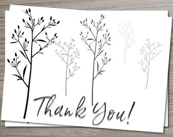 Printable Foldable Thank You Card, INSTANT DOWNLOAD, Tree Design, Black & White, 5x7in