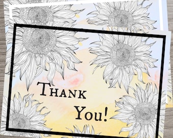 Printable Foldable Thank You Card, INSTANT DOWNLOAD, Sunflower Floral Design, Multicolor/yellow/pink/blue Watercolor, 5x7in