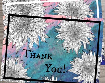 Printable Foldable Thank You Card, INSTANT DOWNLOAD, Sunflower Floral Design, Multicolor/purple/pink/blue/teal Watercolor, 5x7in
