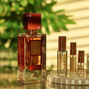 May include: A perfume bottle and several sample vials are displayed on a stone surface. The large bottle has a red cap and a rectangular shape. The smaller vials are arranged on a white, circular tray, showcasing a fragrance collection.