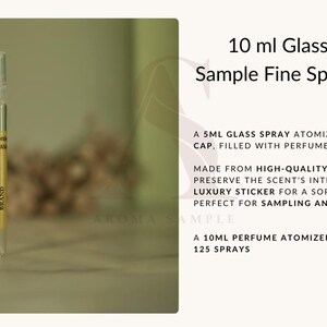 May include: A 10 ml glass perfume sample fine spray atomizer. The clear glass bottle has a gold label with the brand name. The text on the label reads "NAME BRAND". The atomizer is designed for sampling and travel.