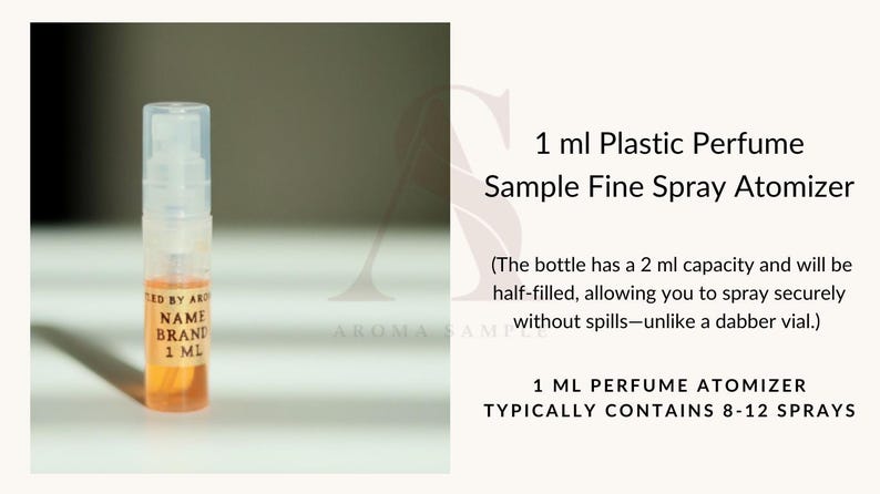 Może przedstawiać: Przezroczysty plastikowy atomizer do pr&oacute;bek perfum o pojemności 1 ml z ż&oacute;łtym płynem w środku. Butelka ma etykietę z napisem "ED BY ARD NAME BRAND 1 ML".