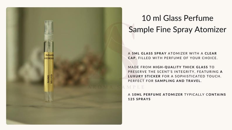 May include: A 10 ml glass perfume sample fine spray atomizer. The clear glass bottle has a gold label with the brand name. The text on the label reads "NAME BRAND". The atomizer is designed for sampling and travel.