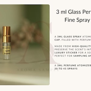 May include: A 3 ml glass perfume sample fine spray atomizer with a gold cap. The atomizer is filled with perfume of your choice. Made from high-quality thick glass to preserve the scent's integrity, featuring a luxury sticker for a sophisticated touch. Perfect for sampling and travel. A 3 ml perfume atomizer typically contains 30 to 45 sprays.