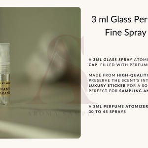 Puede incluir: Un frasco de muestra de perfume de vidrio transparente con una etiqueta negra y dorada que dice "NAMI BRAND". El frasco es un atomizador de pulverizaci&oacute;n fina de 3 ml.