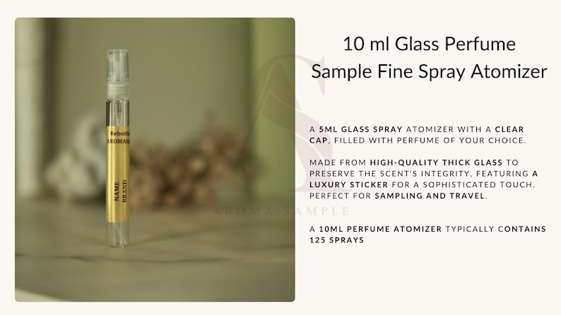 K&ouml;nnte beinhalten: Ein 10 ml Glas-Parf&uuml;m-Sample-Feinspr&uuml;hzerst&auml;uber. Die transparente Glasflasche hat ein goldenes Etikett mit dem Markennamen. Der Text auf dem Etikett lautet "Name Brand". Der Zerst&auml;uber ist f&uuml;r Proben und Reisen konzipiert.