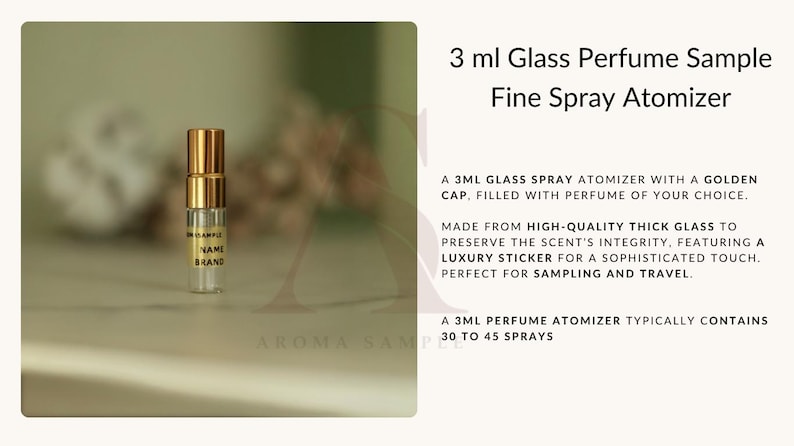 May include: A 3 ml glass perfume sample with a fine spray atomizer. The clear glass bottle has a golden cap and a label with the brand name. The atomizer is designed for sampling and travel.