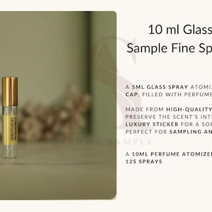 May include: A 10 ml glass perfume sample fine spray atomizer with a golden cap. The clear glass bottle has a yellow label. The text on the label reads "REBOTTLED BY AROMASAMPLE".