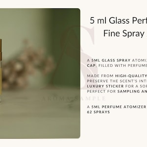 May include: A 5 ml glass perfume sample with a golden cap. The clear atomizer has a yellow label with the text "REBOTTLED BY AROMASAMPLE". The product is designed for sampling and travel.