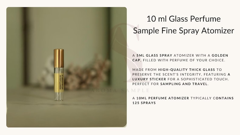 K&ouml;nnte beinhalten: Ein 10 ml Glas-Parf&uuml;m-Sample-Feinspr&uuml;hzerst&auml;uber mit goldener Kappe. Die transparente Glasflasche hat ein gelbes Etikett. Der Text auf dem Etikett lautet "REBOTTLED BY AROMASAMPLE".
