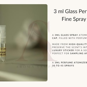 May include: A clear glass perfume sample bottle with a black and gold label that says "NAMI BRAND". The bottle is a 3 ml fine spray atomizer.
