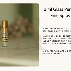 May include: A 3 ml glass perfume sample fine spray atomizer with a gold cap. The atomizer is filled with perfume of your choice. Made from high-quality thick glass to preserve the scent's integrity, featuring a luxury sticker for a sophisticated touch. Perfect for sampling and travel. A 3 ml perfume atomizer typically contains 30 to 45 sprays.