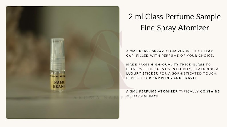 May include: A 2 ml glass perfume sample in a fine spray atomizer. The clear glass bottle has a clear cap and a gold label with the text "NAME BRANE". The atomizer is designed for sampling and travel.