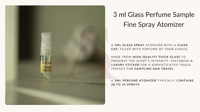 May include: A 3 ml glass perfume sample fine spray atomizer with a clear cap. The sample bottle has a gold label with the text "NAME BRAND". The image also includes text that says "3 ml Glass Perfume Sample Fine Spray Atomizer".