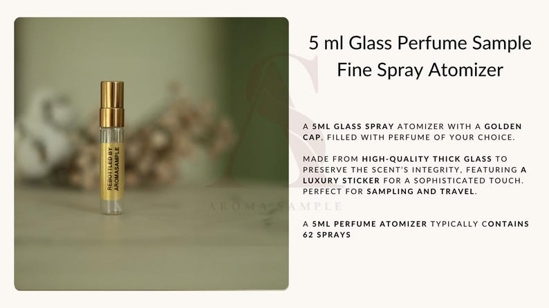 Puede incluir: Una muestra de perfume de vidrio de 5 ml con tapa dorada. El atomizador transparente tiene una etiqueta amarilla con el texto "REBOTTLED BY AROMASAMPLE". Dise&ntilde;ado para muestreo y viaje.