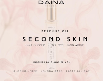 DAINA Second Skin Perfume Oil · Quartz Roller,  Jojoba + Vitamin E · Pink Pepper , Iris, Musk