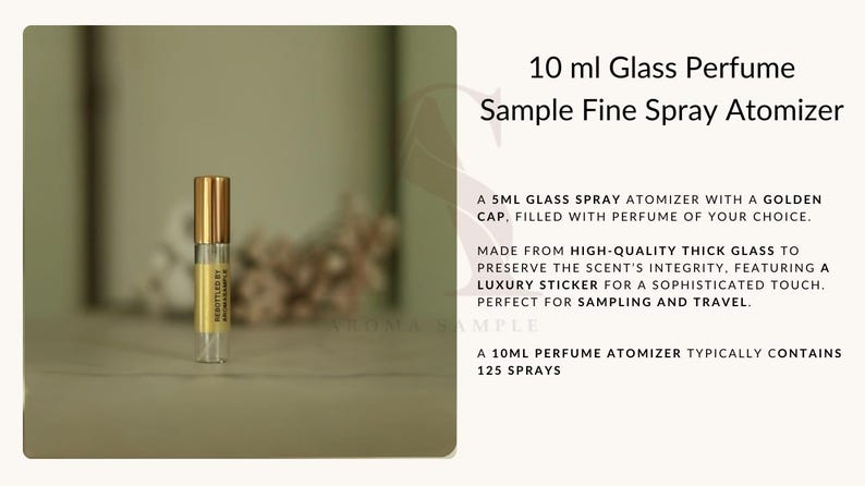 Może przedstawiać: Szklany atomizer do pr&oacute;bek perfum o pojemności 10 ml ze złotą nakrętką. Atomizer wykonany jest z wysokiej jakości grubego szkła, aby zachować integralność zapachu. Posiada luksusową naklejkę, kt&oacute;ra nadaje mu wyrafinowany wygląd. Atomizer do perfum o pojemności 10 ml zawiera zazwyczaj 125 rozpyleń.