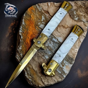 9&quot; Italian Gold Stiletto Godfather Spring Assisted Folding Pocket Knife Camping, Hunting gift for Men, Father, Boyfriend IronFangKnife