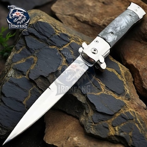 9&quot; Italian Black Pearl Stiletto Spring Assisted Open Pocket Knife Camping, Hunting, Survival gift for Men, Father, Boyfriend IronFangKnife