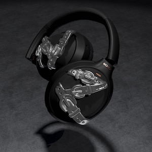 May include: Black over-ear headphones with silver metal buckles and the word "SONY" in gold lettering on the side.