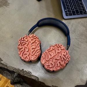 Könnte beinhalten: Ein Paar rosa, gehirnförmige Kopfhörer mit einem dunkelblauen Kopfbügel. Die Kopfhörer liegen auf einer grauen Betonfläche.