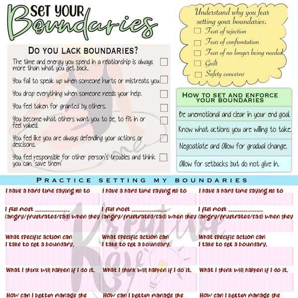 Set your boundaries, worksheets for therapy, self help, self care.