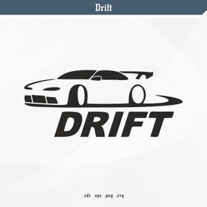 Puede incluir: Silueta en blanco y negro de un coche derrapando en una pista con la palabra "DRIFT" en letras negritas debajo.