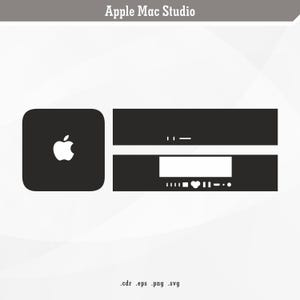 May include: A black and white illustration of an Apple Mac Studio computer. The illustration shows the front of the computer with the Apple logo and a series of buttons and lights.