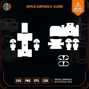 May include: A digital template for Apple AirPods 2 A1938 featuring white vector cut lines on a black background. The design includes various shapes for the charging case and earbuds, with text labels reading Apple AirPods 2 A1938, SVG, PNG, EPS, CDR.