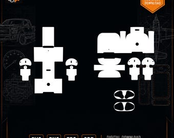May include: A digital template for Apple AirPods 2 A1938 featuring white vector cut lines on a black background. The design includes various shapes for the charging case and earbuds, with text labels reading Apple AirPods 2 A1938, SVG, PNG, EPS, CDR.