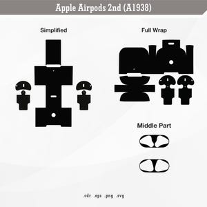 以下が含まれることがあります： Apple AirPods 第2世代（A1938）にスキンを貼り付ける方法を示す白黒の図。図には、簡略化されたバージョン、フルラップ、スキンの真ん中の部分が表示されています。