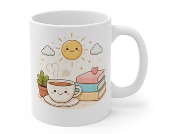 Kawaii Kaffee Tasse Illustration | Lächelnde Sonne, Bücher, Pflanze | Sublimationsdesign