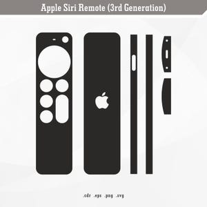 Pode incluir: Uma ilustração em preto e branco de um comando remoto Apple Siri (3.ª geração) que mostra as vistas frontal, traseira e lateral do comando. O comando tem um botão circular no centro com um logotipo da Apple e uma série de botões no lado.