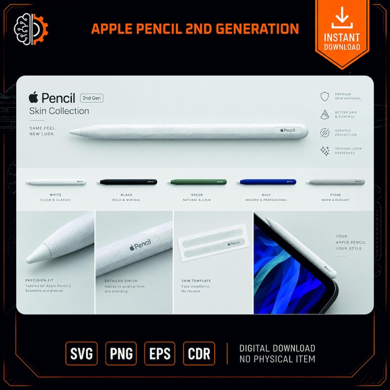 May include: A digital product display for Apple Pencil 2nd Generation skins featuring a white marble-textured stylus, colour options including white, black, green, navy, and stone, and close-up views of the precision fit, finish, and template.
