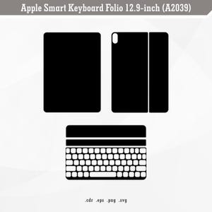May include: Black and white illustration of a keyboard case for a 12.9-inch tablet. The case includes a detachable keyboard and a protective cover for the tablet.