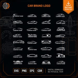 May include: A digital collection of white car brand logo designs on a black background. The image features various stylised vehicle outlines, each accompanied by the placeholder text COMPANY NAME. File formats SVG, PNG, EPS, and CDR are listed.