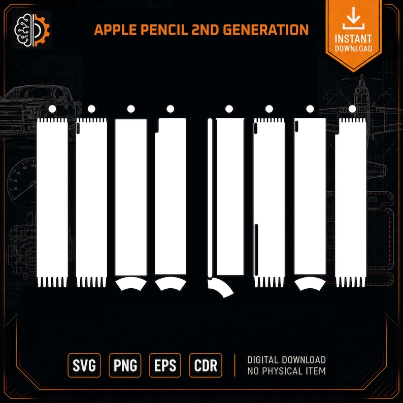 May include: A digital template for an Apple Pencil 2nd Generation skin, featuring white vector outlines of various wrap shapes on a black background. The text reads APPLE PENCIL 2ND GENERATION, INSTANT DOWNLOAD, SVG, PNG, EPS, CDR, and DIGITAL DOWNLOAD NO PHYSICAL ITEM.